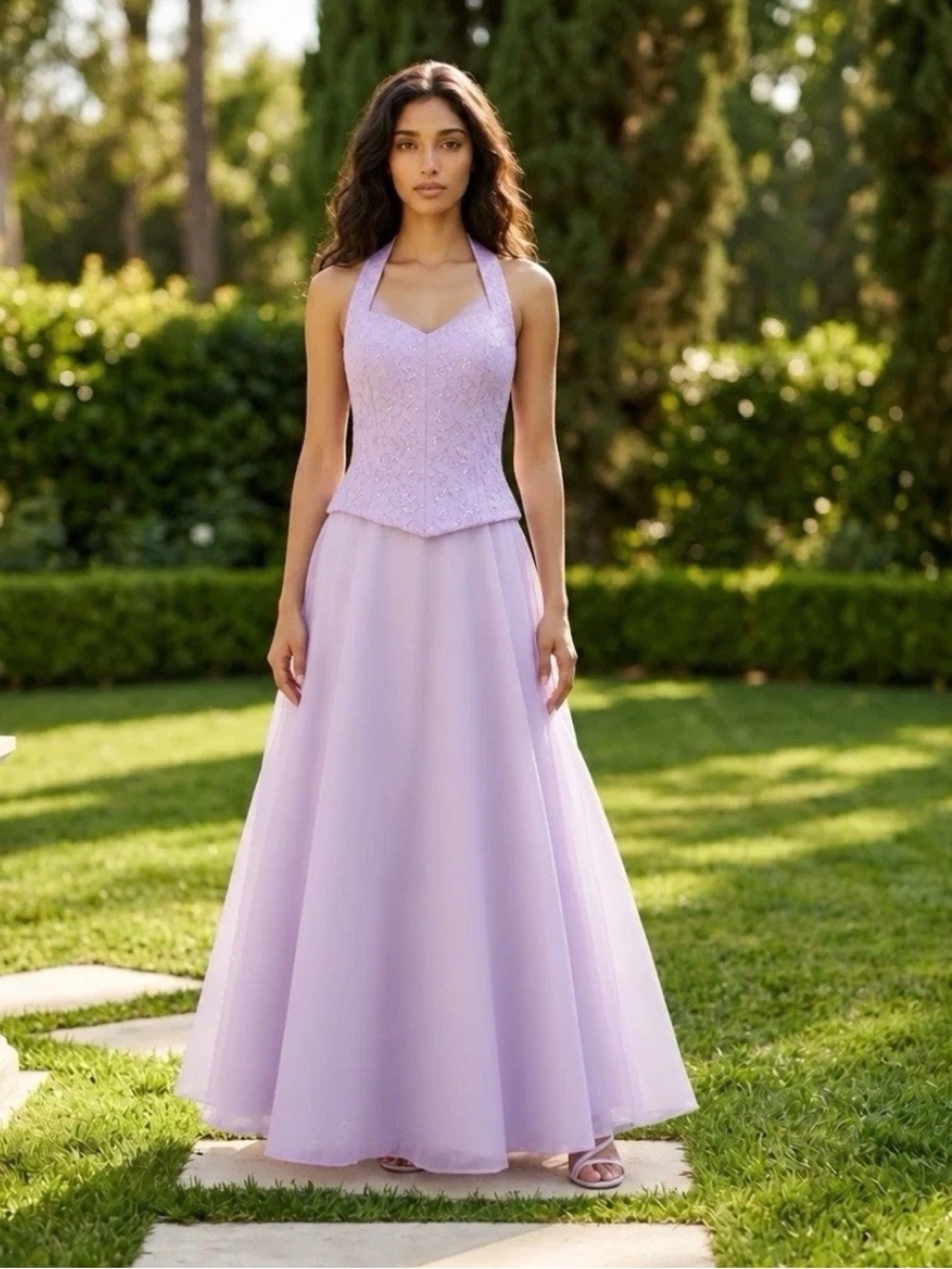 Beautiful Lavender Halter Lace Sequin Formal Womens Gown Size Medium 8 Made USA